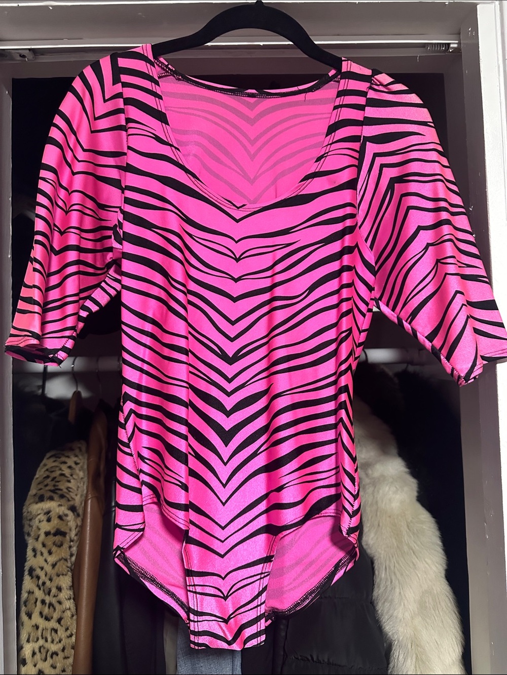 Women's Hot Pink Zebra-Stripe V-Neck 80’s Bodysuit - Handmade